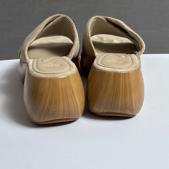 Zara Sandals 38 Beige Sand Nude Suede Platform Clog Shoes Faux Wood Chunky Heels - Picture 5 of 14